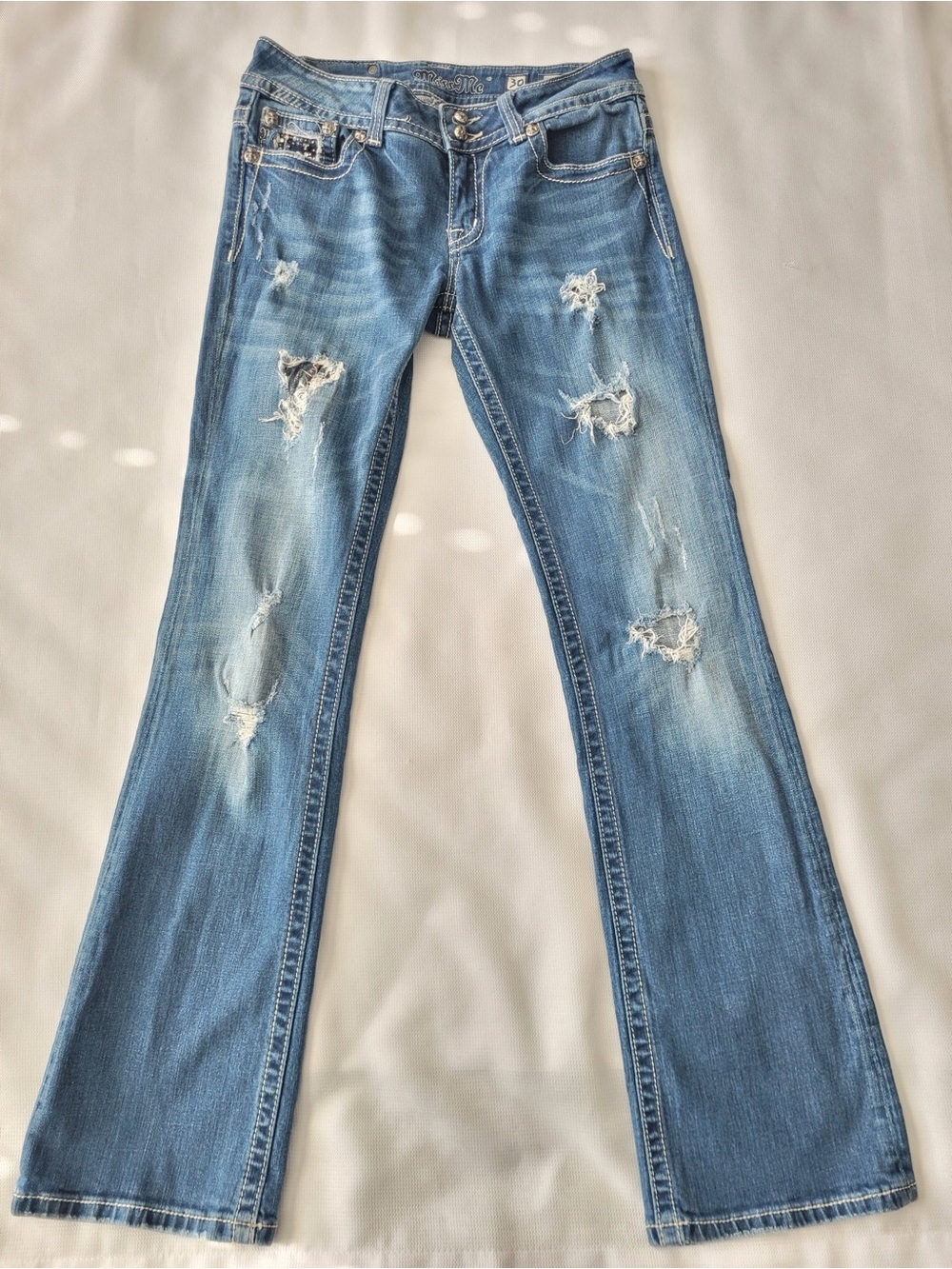Miss Me Distressed Boot Cut Jeans - Blue Wash JE5002818L size 30 - Picture 3 of 13